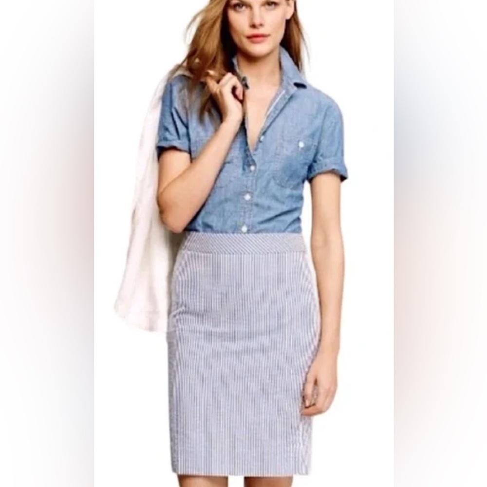 J. Crew The Pencil Skirt Seersucker 2 Blue & White Stripes Knee Length Preppy